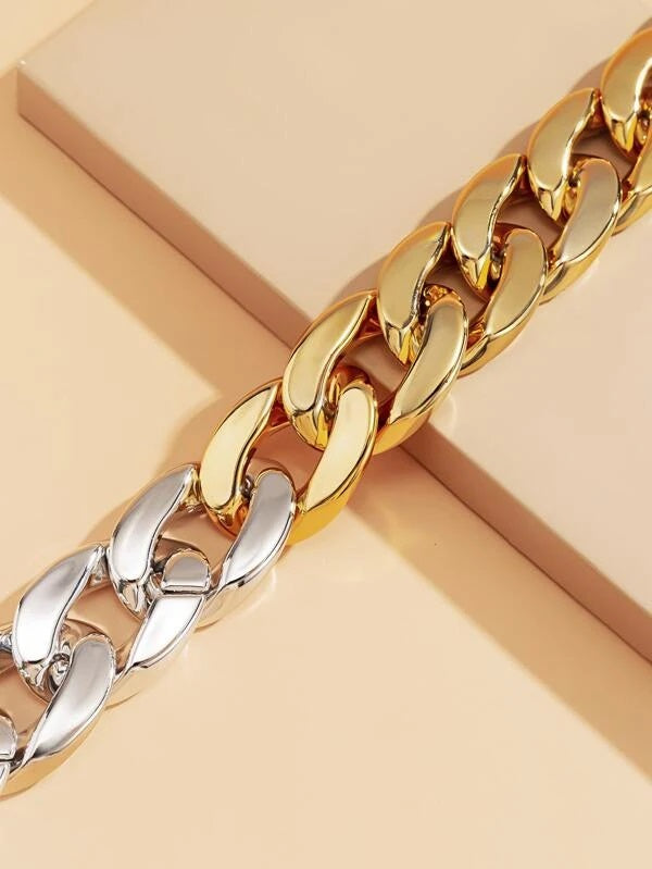 CM-AXS427428 Women Trendy Seoul Style Two Tone Chunky Chain Necklace