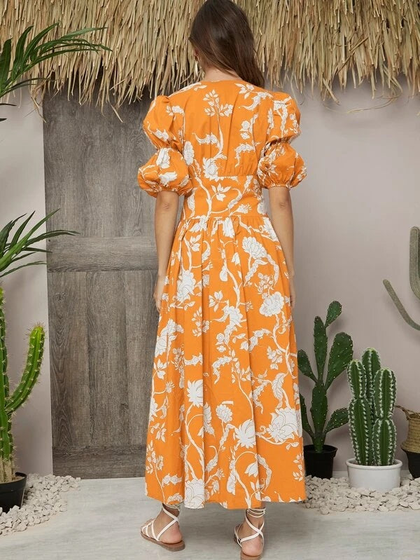 CM-ES409687 Women Trendy Bohemian Style Deep V-Neck Gathered Sleeve Button Front Floral Dress - Orange