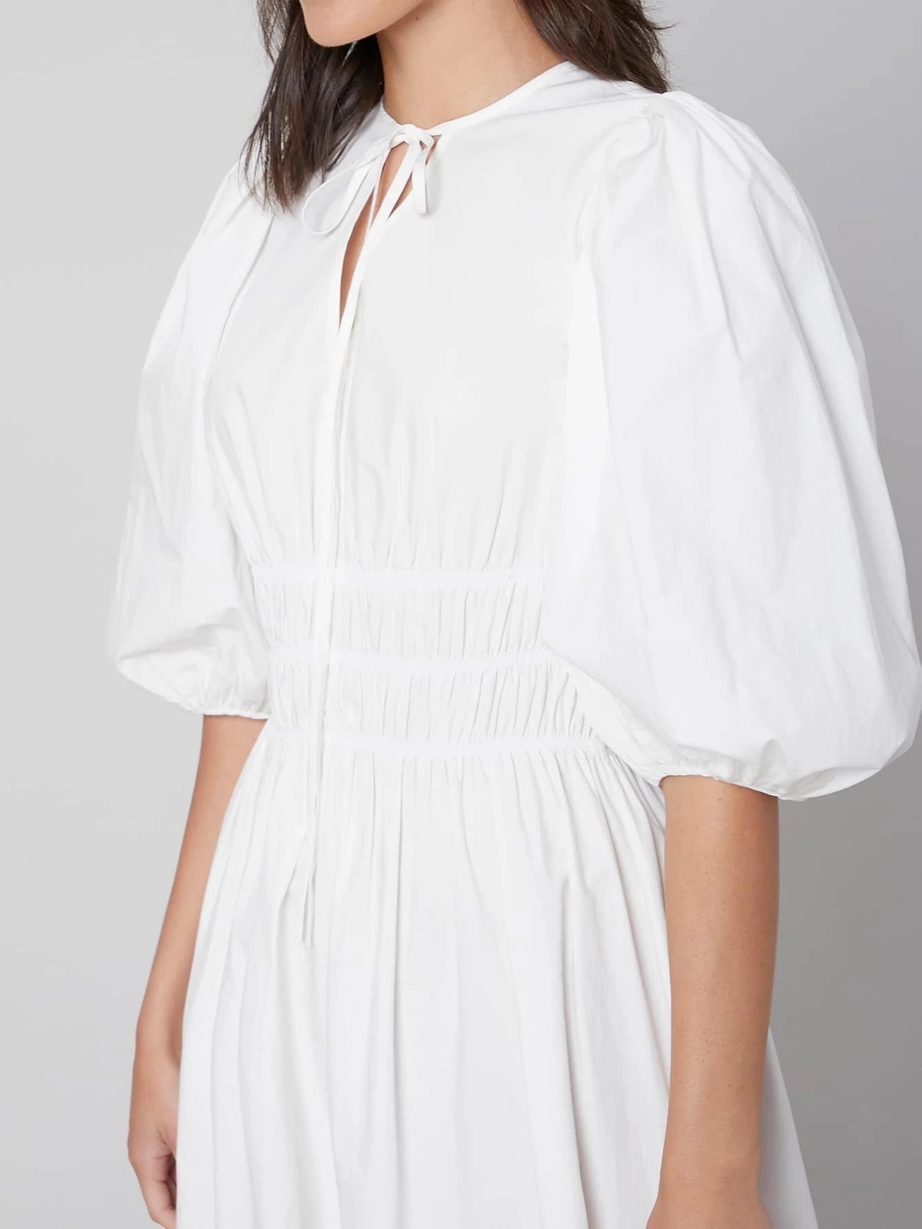 CM-ES312701 Women Elegant Seoul Style Tie Neck Half Sleeve Gathered A-Line Dress - White