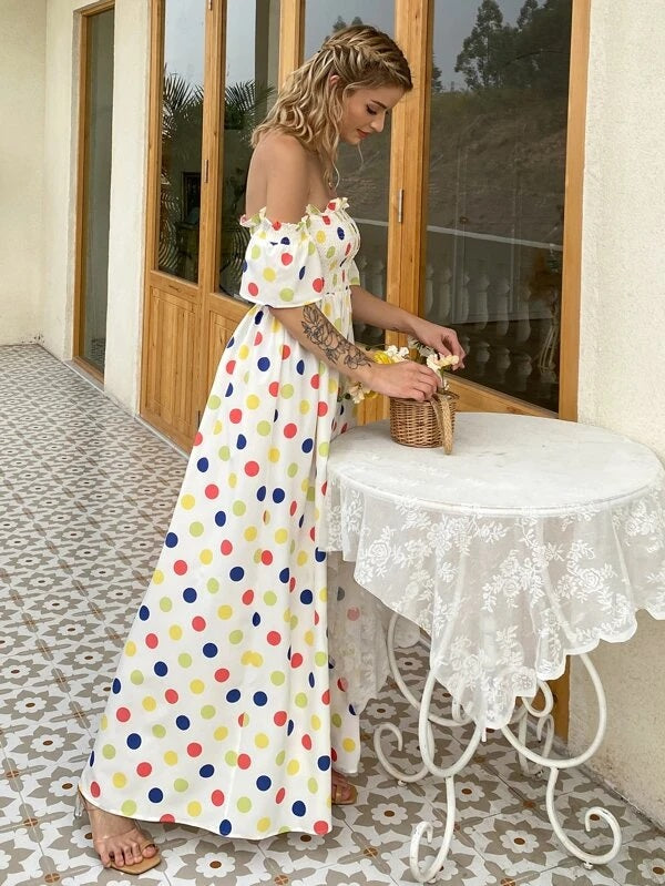 CM-ES508225 Women Trendy Bohemian Style Polka Dot Ruffle Off Shoulder Flounce Sleeve Shirred Bodice Dress