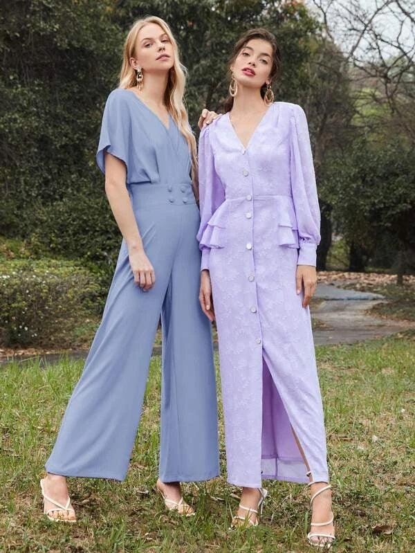 CM-JS416715 Women Elegant Seoul Style Pleated Batwing Sleeve Solid Jumpsuit - Dusty Blue