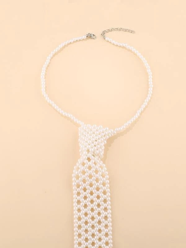 CM-AXS510812 Women Trendy Seoul Style Faux Pearl Decor Tie Design Necklace