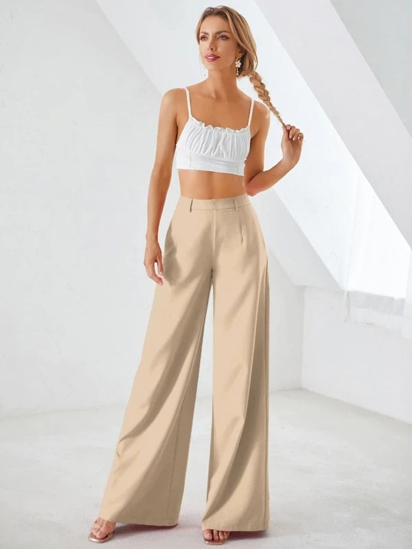CM-BS512626 Women Elegant Seoul Style High Waist Pocket Side Wide Leg Pants - Khaki