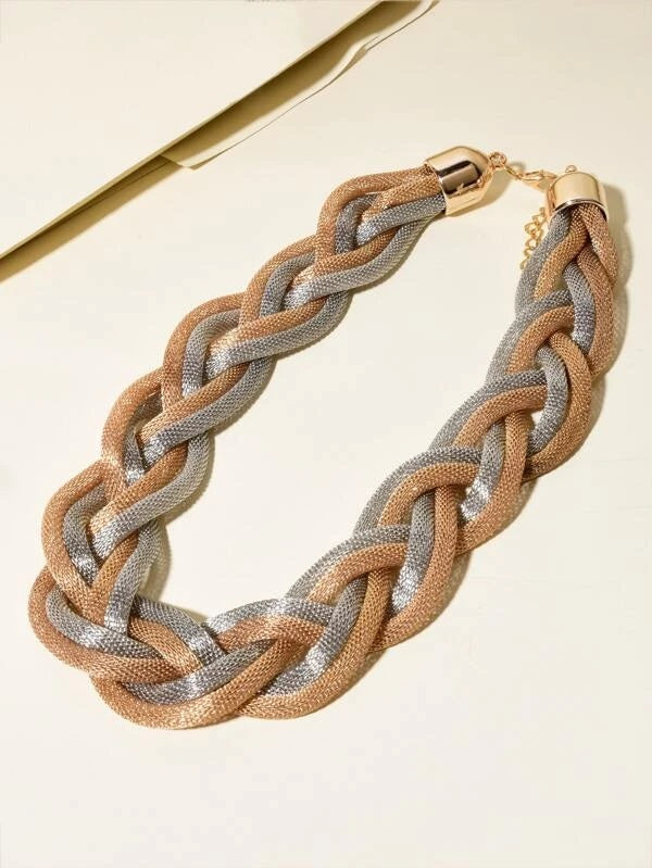 CM-AXS514063 Women Trendy Seoul Style Two Tone Braided Necklace