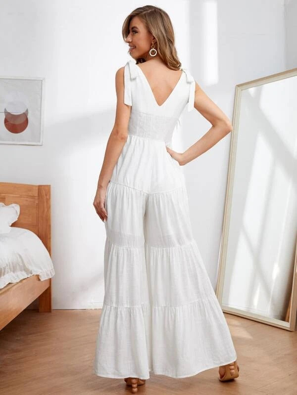 CM-JS401898 Women Trendy Bohemian Style Knot Straps Low Back Ruffle Hem Wide Leg Jumpsuit - White