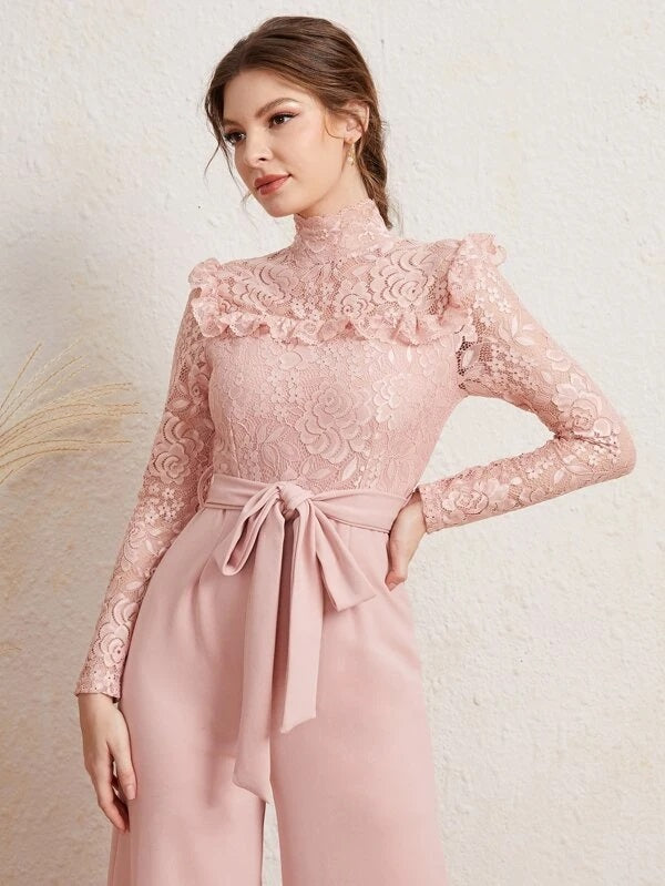 CM-JS224611 Women Elegant Seoul Style Long Sleeve Mock Neck Lace Belted Jumpsuit - Baby Pink