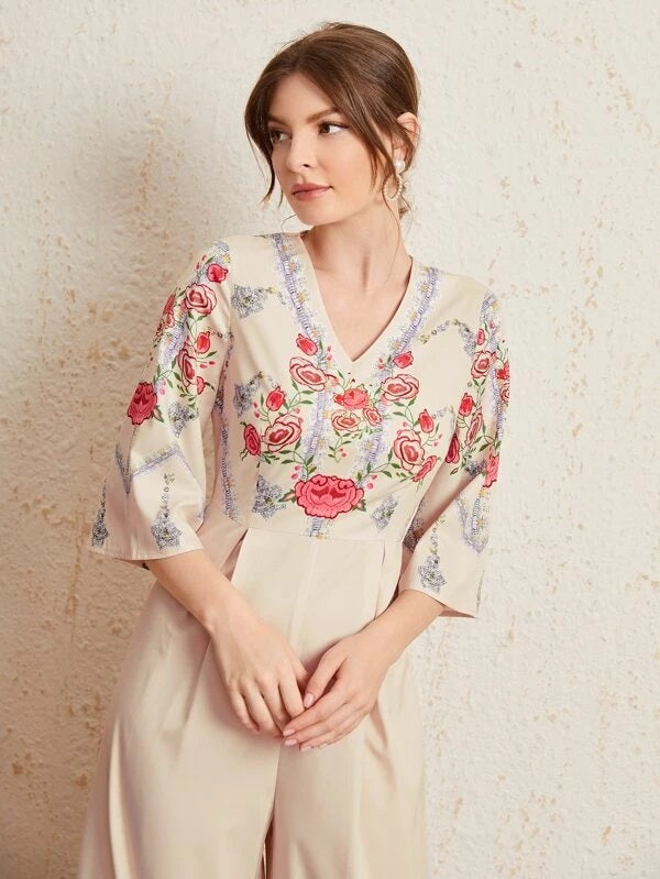 CM-JS513361 Women Elegant Seoul Style V-Neck 3/4 Sleeve Floral Print Loose Jumpsuit