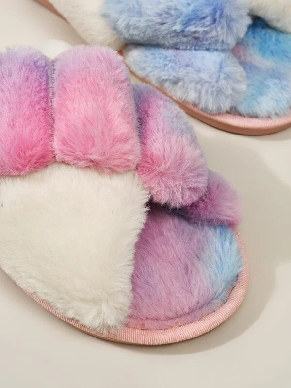 CM-SHS520819 Women Trendy Seoul Style Colorblock Cross Strap Fluffy Slippers