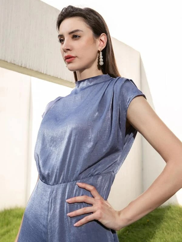 CM-JS506338 Women Elegant Seoul Style Stand Collar Solid Batwing Sleeve Jumpsuit - Dusty Blue