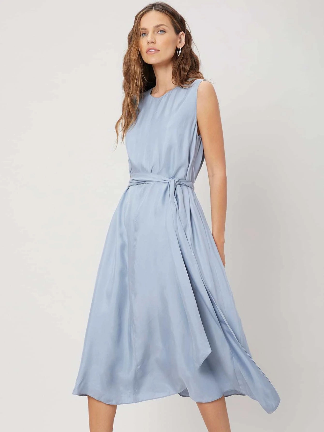 CM-ES414096 Women Elegant Seoul Style Round Neck Sleeveless Flowy Belted Dress - Baby Blue