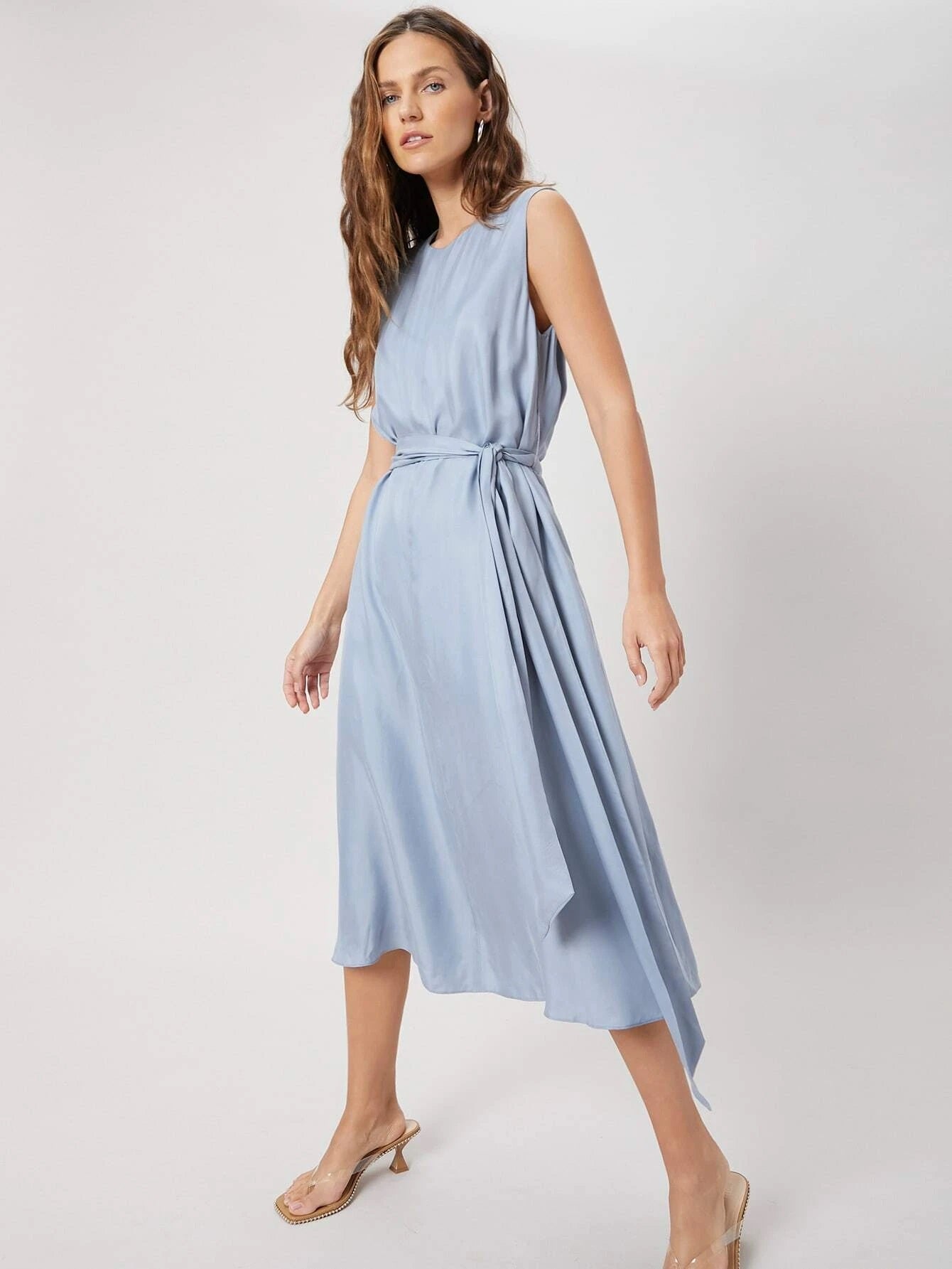 CM-ES414096 Women Elegant Seoul Style Round Neck Sleeveless Flowy Belted Dress - Baby Blue