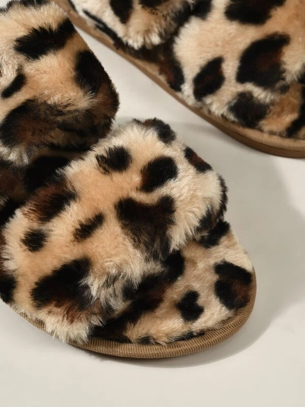 CM-SHS526126 Women Trendy Seoul Style Leopard Print Fluffy Slippers - Brown