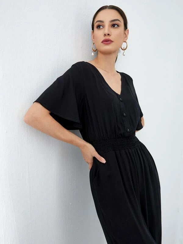 CM-JS430630 Women Casual Seoul Style Half Button Wide Leg Shirred Waist Jumpsuit - Black
