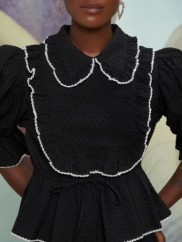 CM-TS407858 Women Casual Seoul Style Peter Pan Collar Flounce Sleeve Peplum Top