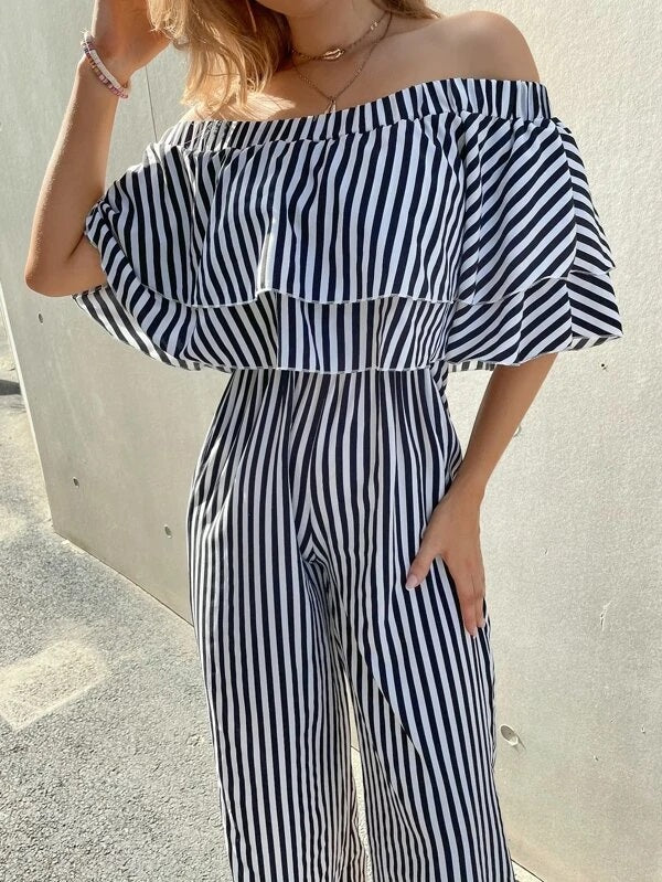 CM-JS427049 Women Casual Seoul Style Off Shoulder Short Sleeve Striped Wide Leg Jumpsuit