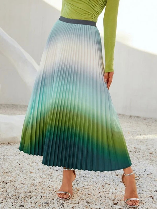 CM-BS420874 Women Trendy Bohemian Style Ombre Elastic Waist Pleated Skirt