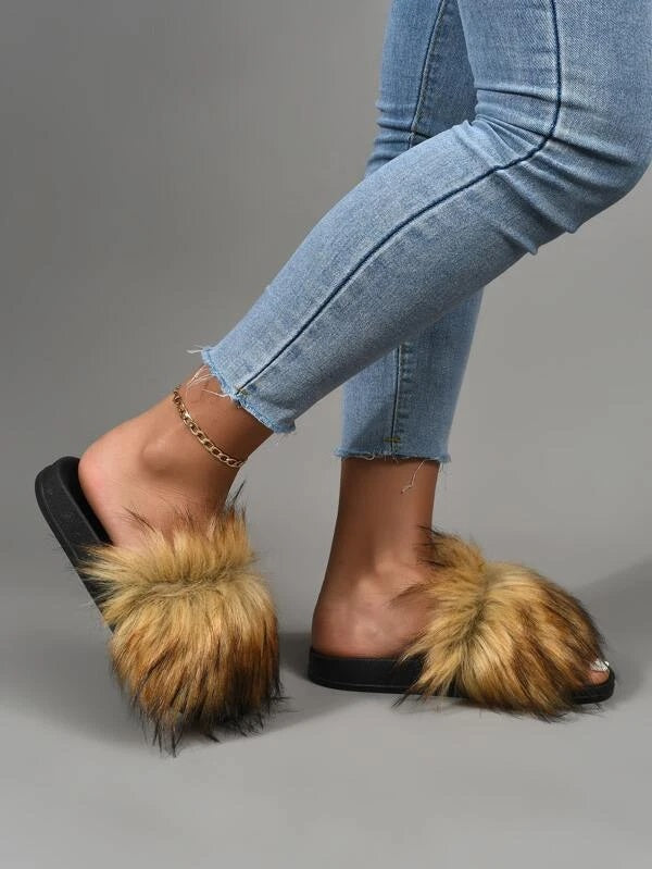 CM-SHS608106 Women Trendy Seoul Style Open Toe Fluffy Slides - Brown
