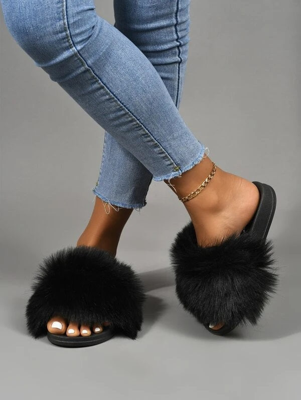 CM-SHS608460 Women Trendy Seoul Style Minimalist Open Toe Fluffy Slides - Black