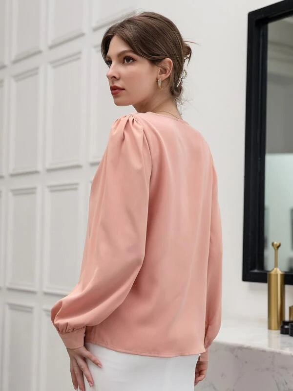 CM-TS615901 Women Casual Seoul Style Notched Neckline Puff Sleeve Solid Blouse - Coral Pink