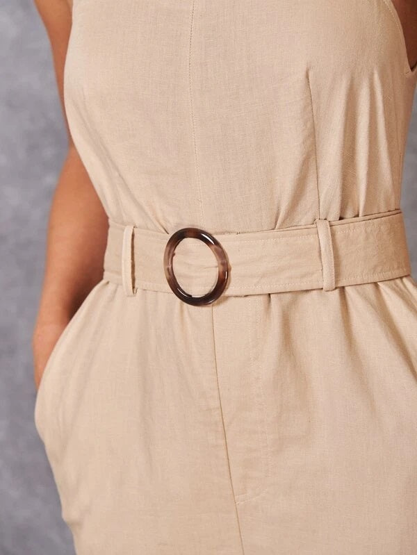 CM-JS417143 Women Casual Seoul Style Buckle Belted Crisscross Cutout Jumpsuit - Khaki