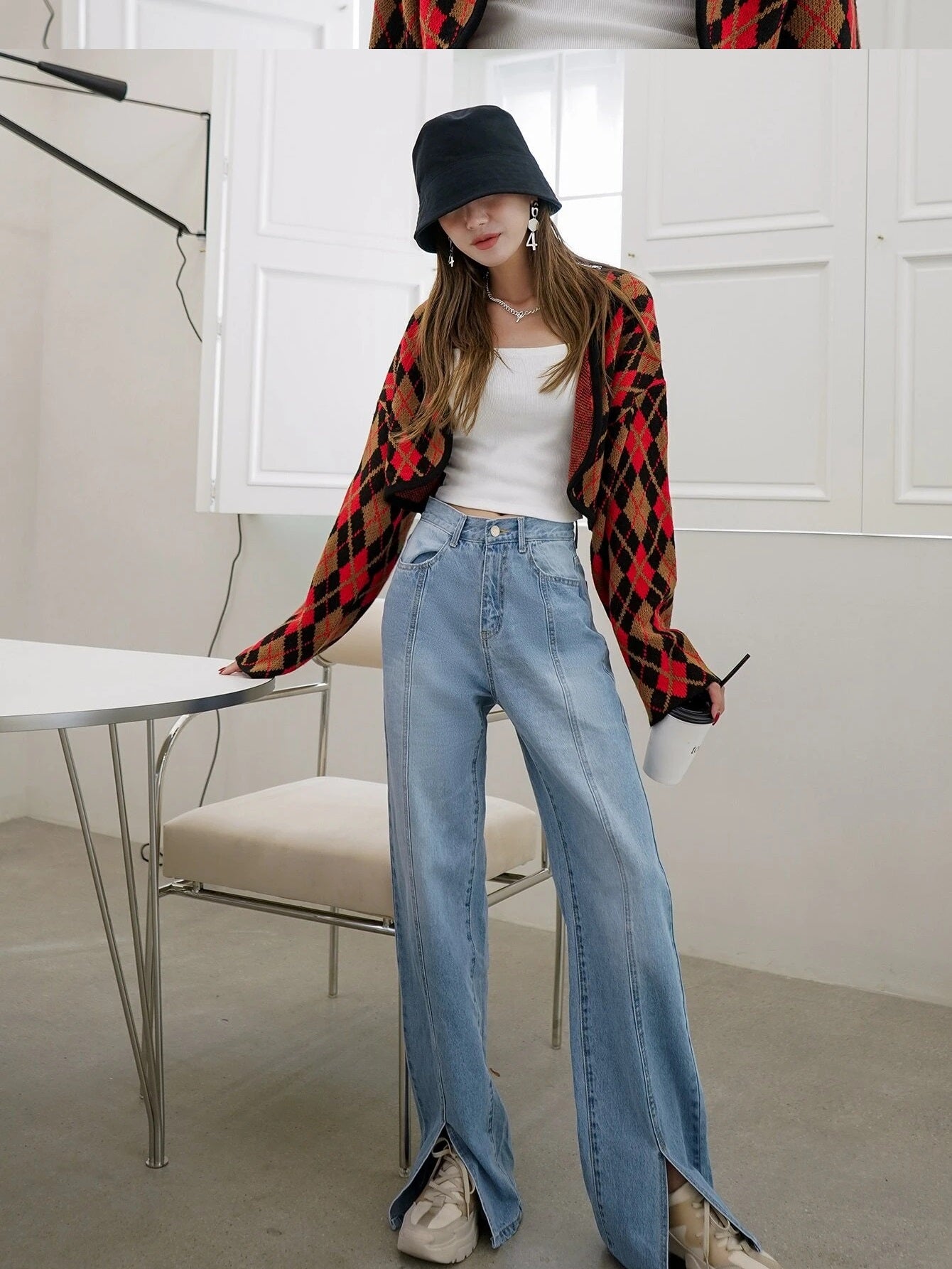 CM-BS608171 Women Casual Seoul Style Light Wash High Waist Split Straight Leg Jeans