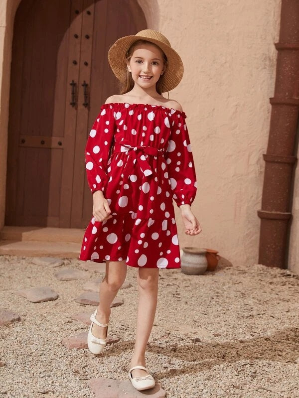 CM-KD609593 Girls Seoul Style Off Shoulder Polka Dot Ruffle Hem Belted –  Carry Me PH
