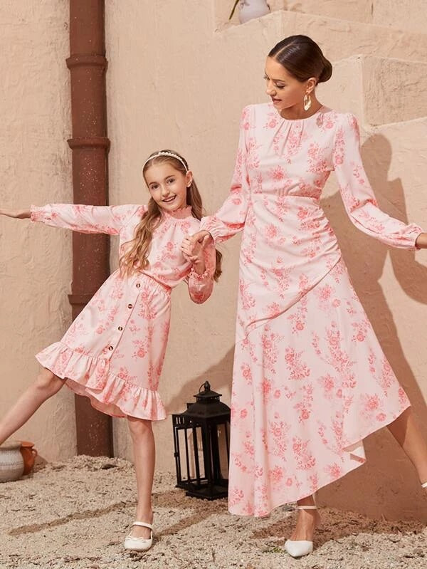CM-KS610501 Girls Casual Seoul Style Floral Print Shirred Cuff Blouse With Ruffle Hem Skirt - Set