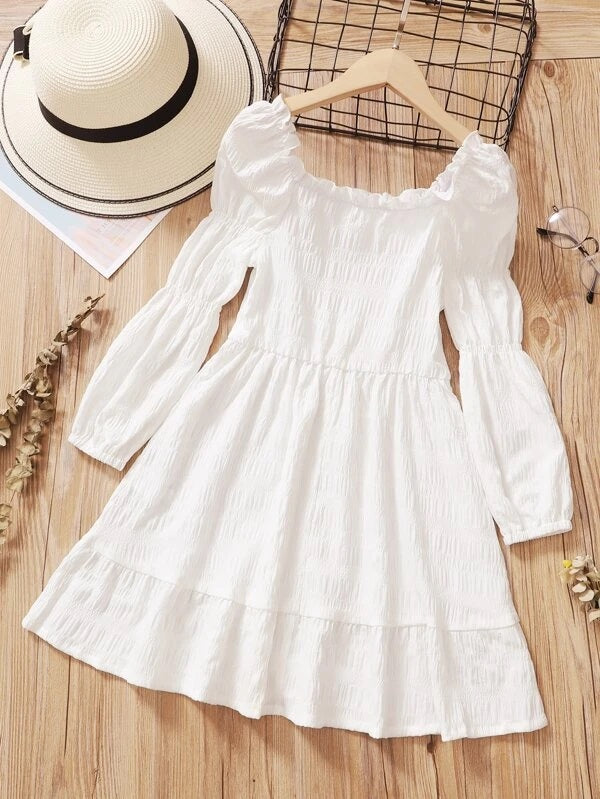 CM-KD609895 Girls Seoul Style Square Neck Puff Sleeve Ruffle Hem Dress - White