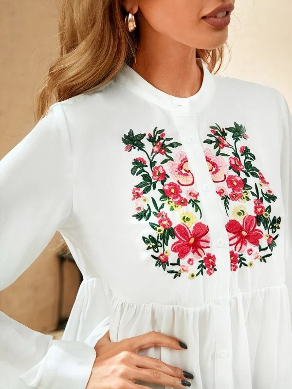 CM-TS602237 Women Casual Seoul Style Floral Embroidery Peplum Blouse - White