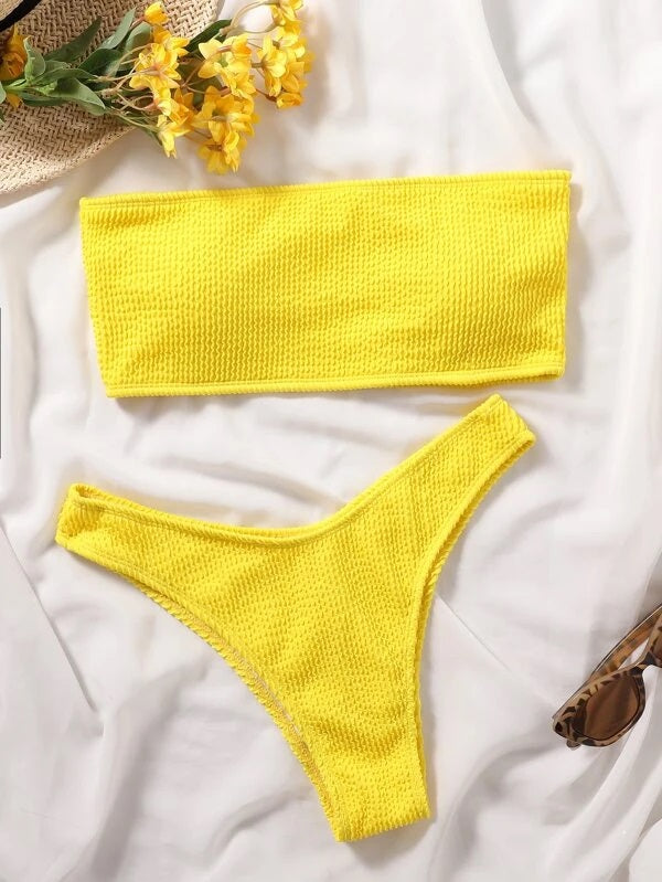 CM-SWS029696 Women Trendy Seoul Style Textured Bandeau High Cut Bikini Swimsuit - Yellow