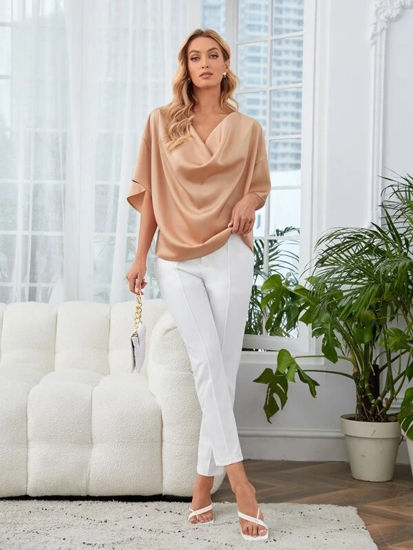 CM-TS039009 Women Elegant Seoul Style Cowl Neck Drop Shoulder Top - Apricot