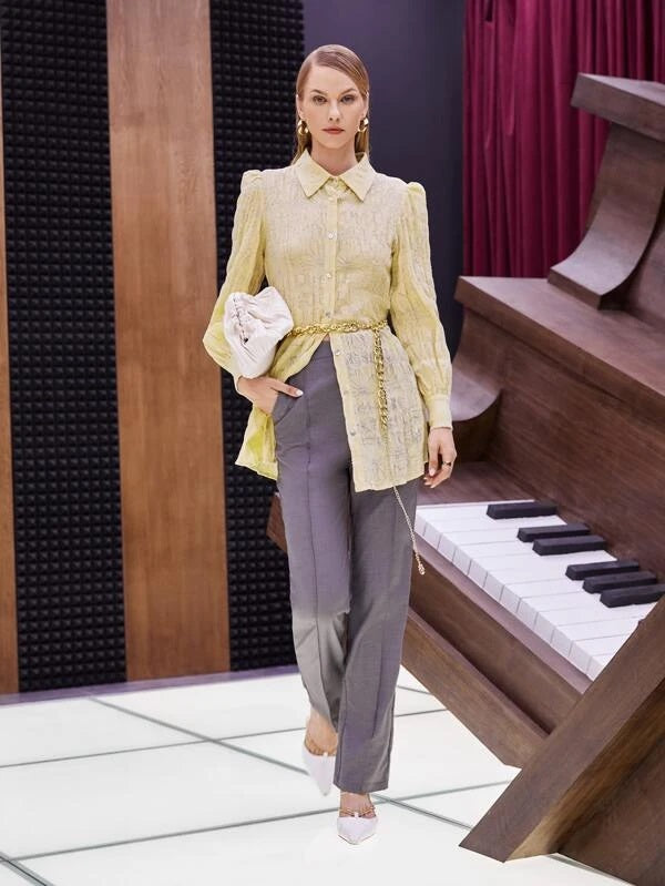 CM-TS605603 Women Casual Seoul Style Allover Floral Print Button Front Blouse - Yellow