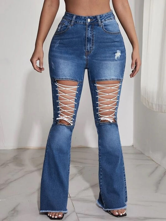 CM-BS985437 Women Casual Seoul Style High Waist Lace Up Ripped Flared Jeans