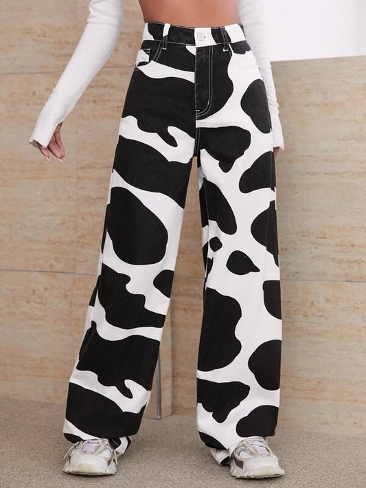 CM-BS757877 Women Casual Seoul Style High Waisted Cow Print Jeans