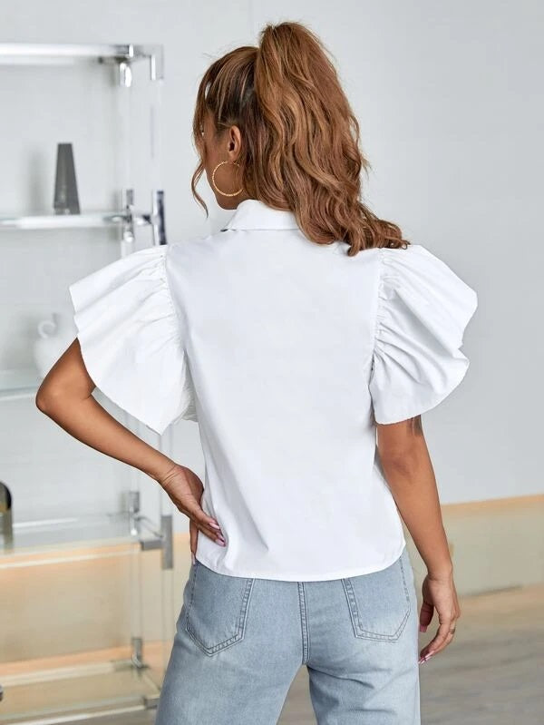 CM-TS191918 Women Casual Seoul Style Collar Neckline Ruffle Sleeve Solid Blouse