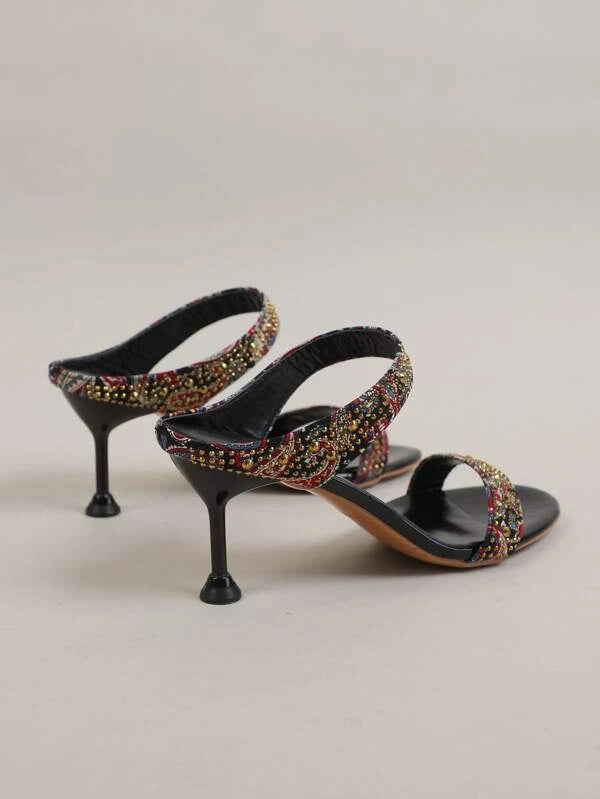 CM-SHS331822 Women Trendy Seoul Style Studded Decor Floral Printed Sandal Mules