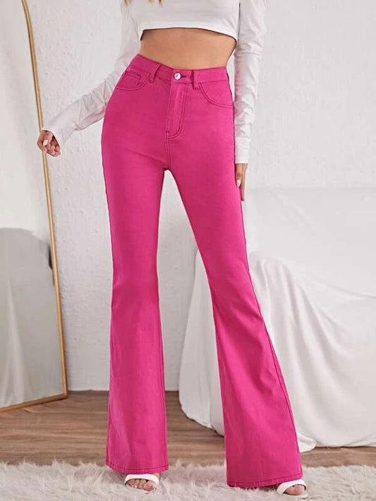 CM-BS888068 Women Casual Seoul Style High Waist Flared Jeans - Hot Pink