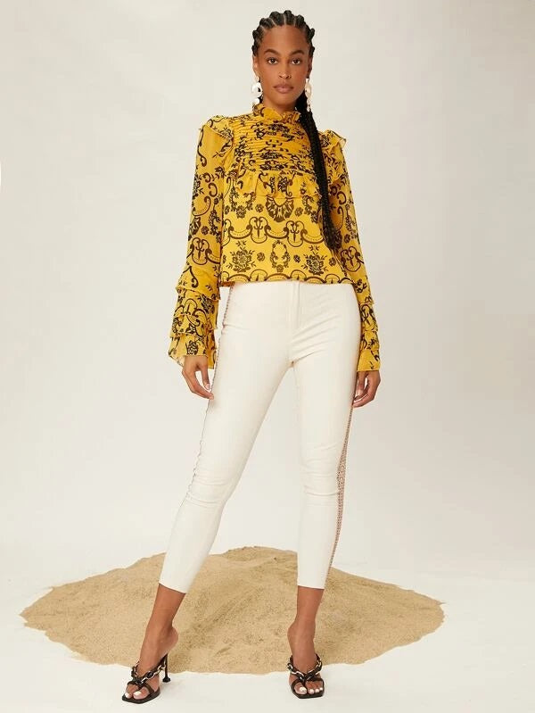 CM-TS953711 Women Casual Seoul Style Graphic Print Ruffle Trim Pleated Chiffon Blouse