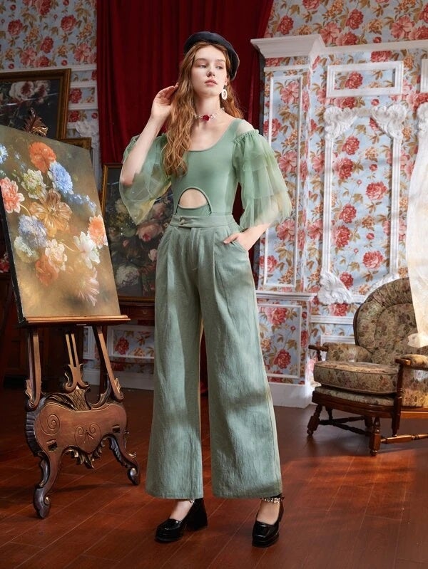 CM-TS478282 Women Elegant Seoul Style Layered Sleeve Cutout Front Bodysuit