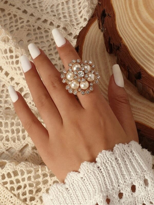 CM-AXS055332 Women Trendy Seoul Style Faux Pearl Floral Decor Ring