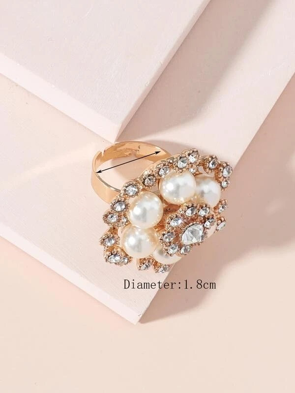 CM-AXS055332 Women Trendy Seoul Style Faux Pearl Floral Decor Ring