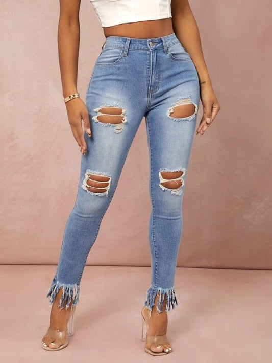 CM-BS220878 Women Casual Seoul style High Waisted Ripped Raw Hem Skinny Jeans