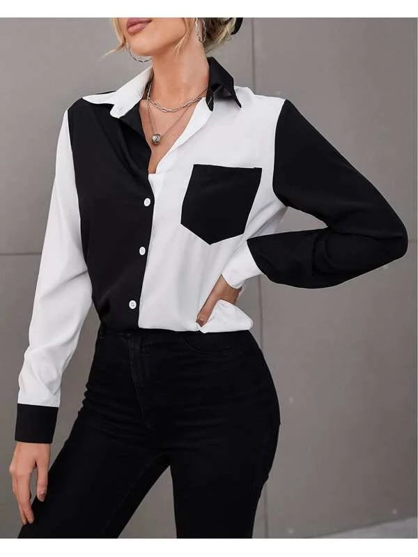 CM-TS096278 Women Casual Seoul Style Long Sleeve Colorblock Patch Pocket Blouse