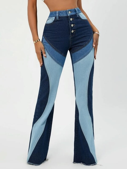 CM-BS387681 Women Casual Seoul Style Button Fly Colorblock Flare Leg Jeans