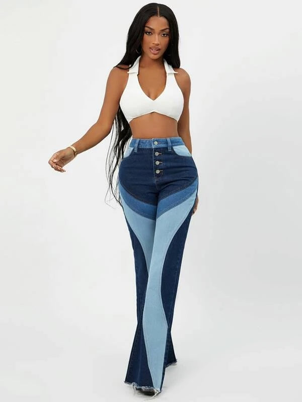 CM-BS387681 Women Casual Seoul Style Button Fly Colorblock Flare Leg Jeans