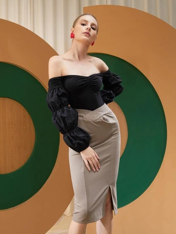 CM-TS957115 Women Elegant Seoul Style Off Shoulder Gathered Sleeve Bodysuit - Black