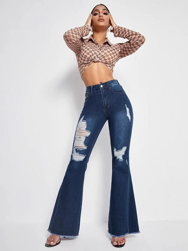 CM-BS074817 Women Casual Seoul Style Medium Wash Raw Hem Ripped Flared Leg Jeans