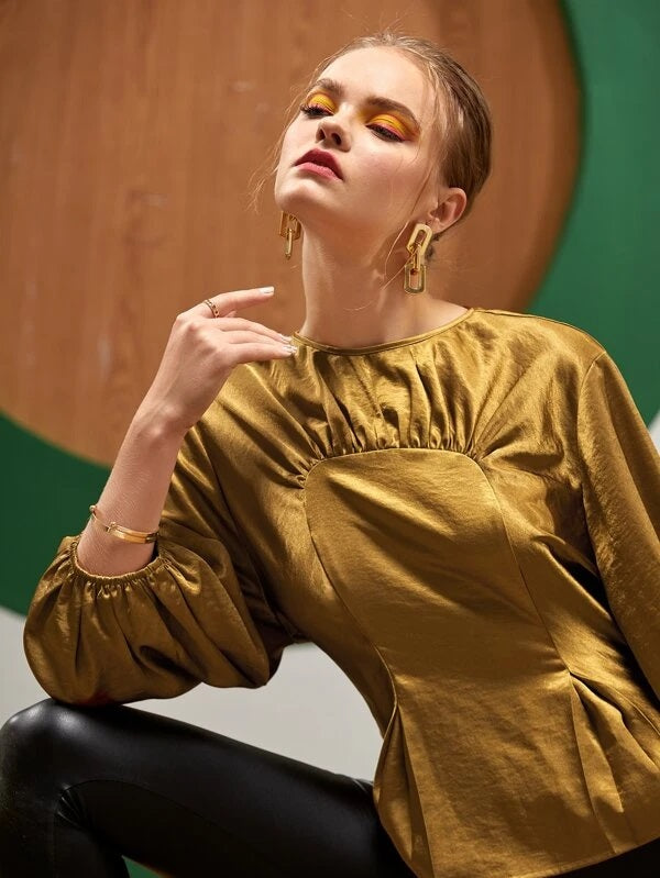 CM-TS019337 Women Elegant Seoul Style Solid Ruched Detail Bishop Sleeve Top - Gold