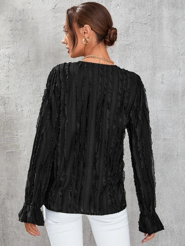 CM-TS304060 Women Casual Seoul Style V-Neck Frill Trim Flounce Sleeve Blouse - Black