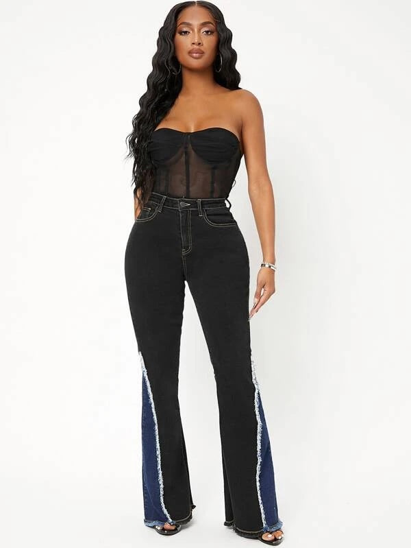 CM-BS954096 Women Casual Seoul Style High Waist Color Block Flare Leg Jeans